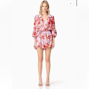 elliatt elina purple & pink floral print long sleeve satin belted jumpsuit small